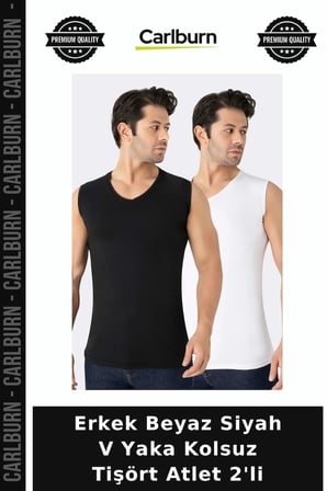 Erkek Beyaz Siyah V Yaka Kolsuz Tişört Atlet 2'li Yazlık Giysi Konforlu Şıklık Casual Stil