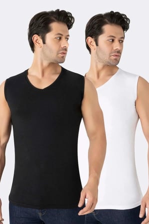Erkek Beyaz Siyah V Yaka Kolsuz Tişört Atlet 2'li Yazlık Giysi Konforlu Şıklık Casual Stil