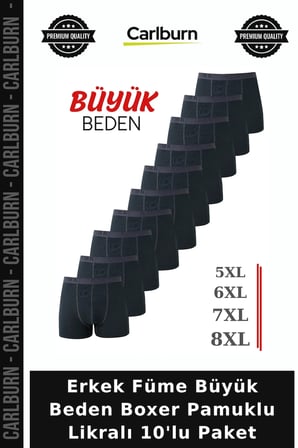 Premium Erkek Füme Büyük Beden Boxer Pamuklu Likralı 10'lu Paket Günlük Rahat İç Giyim