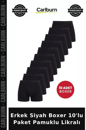 Premium Erkek Siyah Boxer 10'lu Paket Pamuklu Likralı Konforlu Yumuşak Doku Esnek Giyim