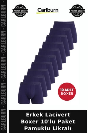 Erkek Lacivert Boxer 10'lu Paket Pamuklu Likralı Hediye Alternatifleri Günlük İç Giyim Normal Bel