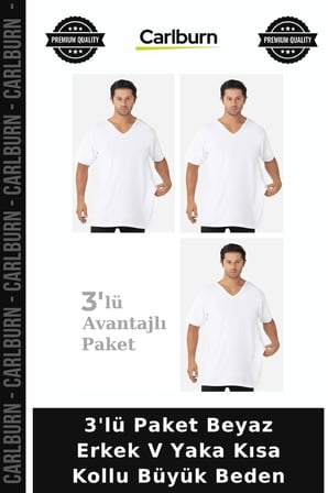 Delux Serisi 3'lü Paket Beyaz Erkek V Yaka Kısa Kollu Büyük Beden Penye Tarz Günlük