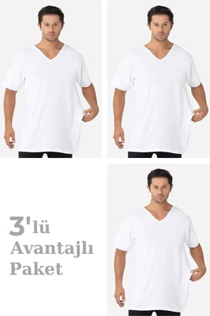 Delux Serisi 3'lü Paket Beyaz Erkek V Yaka Kısa Kollu Büyük Beden Penye Tarz Günlük