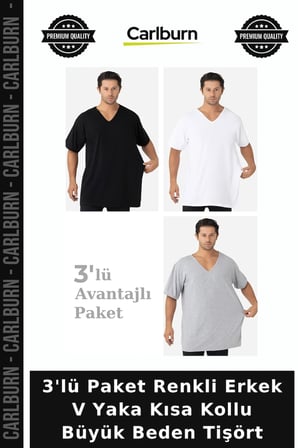 3'lü Paket Renkli Erkek V Yaka Kısa Kollu Büyük Beden Tişört Casual Tarz Penye Üst Pamuklu Giysi