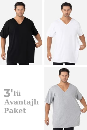3'lü Paket Renkli Erkek V Yaka Kısa Kollu Büyük Beden Tişört Casual Tarz Penye Üst Pamuklu Giysi