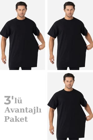 Premium 3'lü Paket Siyah Erkek Büyük Beden Tişört Kısa Kollu Yazlık Giyim Casual Stil
