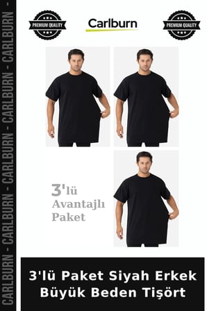 Premium 3'lü Paket Siyah Erkek Büyük Beden Tişört Kısa Kollu Yazlık Giyim Casual Stil