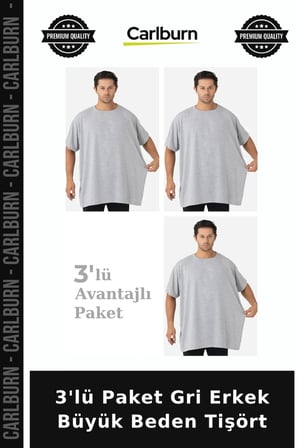 Özel Üretim 3'lü Paket Gri Erkek Büyük Beden Tişört Pamuk Penye Klasik Parça Kısa Kollu