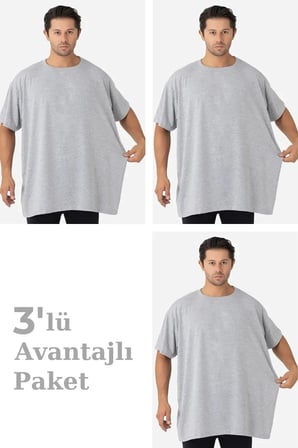 Özel Üretim 3'lü Paket Gri Erkek Büyük Beden Tişört Pamuk Penye Klasik Parça Kısa Kollu