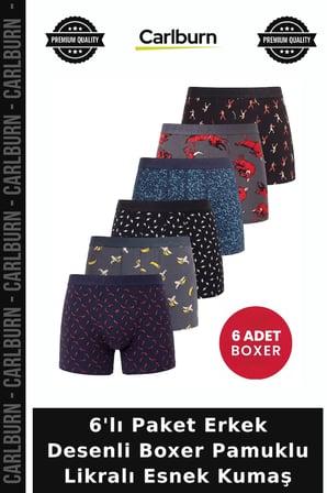 Delux Serisi 6'lı Paket Erkek Desenli Boxer Pamuklu Likralı Esnek Kumaş Tasarım Basic Stil