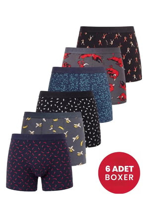 Delux Serisi 6'lı Paket Erkek Desenli Boxer Pamuklu Likralı Esnek Kumaş Tasarım Basic Stil