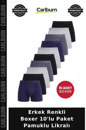 Premium Erkek Renkli Boxer 10'lu Paket Pamuklu Likralı Kumaş Giyim Günlük