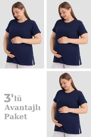 Pamuklu Kısa Kollu Hamile Tişört Lacivert 3'lü Paket Ev Giysisi Mevsimlik Giysi Gebe Giyim