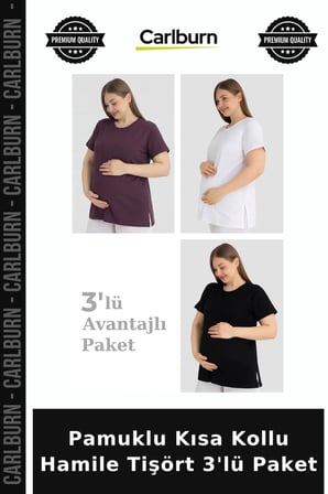 Özel Üretim Pamuklu Kısa Kollu Hamile Tişört 3'lü Paket Esnek Temel Set