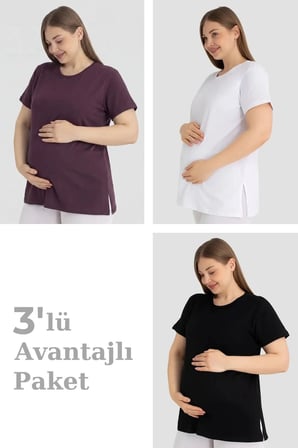 Özel Üretim Pamuklu Kısa Kollu Hamile Tişört 3'lü Paket Esnek Temel Set