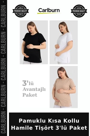 Premium Pamuklu Kısa Kollu Hamile Tişört 3'lü Paket Konfor Doğum Sonrası Esnek