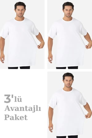 3'lü Paket Beyaz Erkek Büyük Beden Tişört Sıfır Yaka Kısa Kollu Yazlık Giyim Günlük Tarz Pamuklu