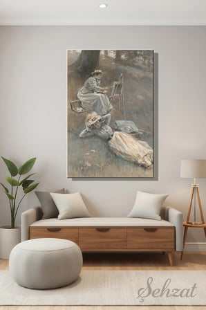 Şehzat Dikey Kanvas Tablo 20 x 30 cm Resim Yapan Kadın Vintage