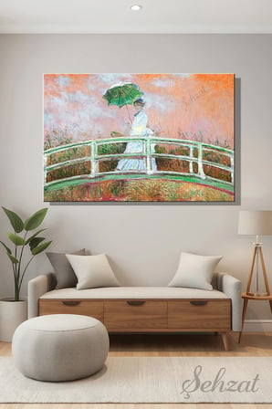 Yatay Kanvas Tablo Tekli Salon Yatak Odası Ofis Claude Monet - Şemsiyeli Kadın - Yağlı Boya Efekt