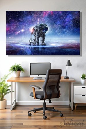 Yatay Tekli Kanvas Duvar Tablosu Modern Salon Mutfak Yatak Odası Ofis Astronot Uzay Mavi Işıklar
