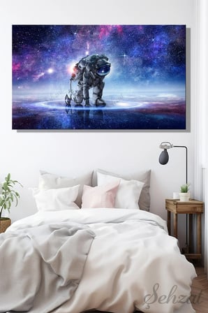 Yatay Tekli Kanvas Duvar Tablosu Modern Salon Mutfak Yatak Odası Ofis Astronot Uzay Mavi Işıklar