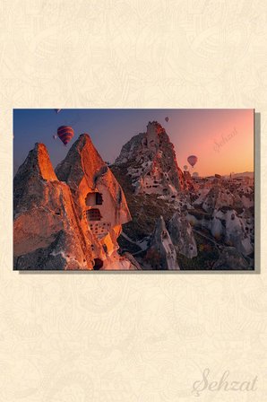 Yatay Tekli Kanvas Duvar Tablosu Modern Salon Yatak Odası Ofis Kapadokya Gün Batımı Balon