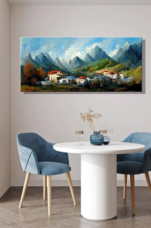 Panoramik Tablo Tekli Kanvas Duvar Modern Salon Mutfak Yatak Odası Ofis Dağ Köy 3D Manzara