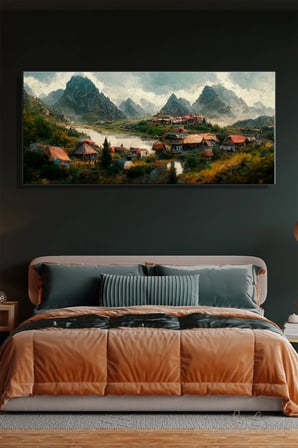 Şehzat Kanvas Tablo Dağ Köy Manzara 20 x 30 cm