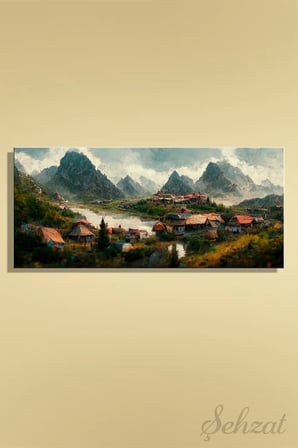 Şehzat Kanvas Tablo Dağ Köy Manzara 20 x 30 cm