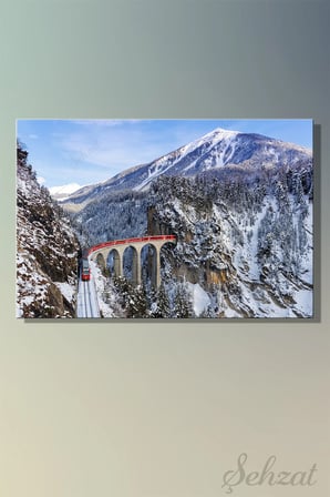 Yatay Tablo Tekli Kanvas Duvar Modern Salon Mutfak Yatak Odası Ofis Alpler Dağ Viyadük Tren Kar