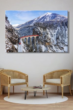 Yatay Tablo Tekli Kanvas Duvar Modern Salon Mutfak Yatak Odası Ofis Alpler Dağ Viyadük Tren Kar