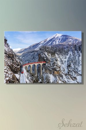 Yatay Tablo Tekli Kanvas Duvar Modern Salon Mutfak Yatak Odası Ofis Alpler Dağ Viyadük Tren Kar