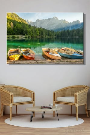 Yatay Tablo Tekli Kanvas Duvar Modern Salon Mutfak Yatak Odası Ofis Fusine Gölü Alpler Tekne Renk
