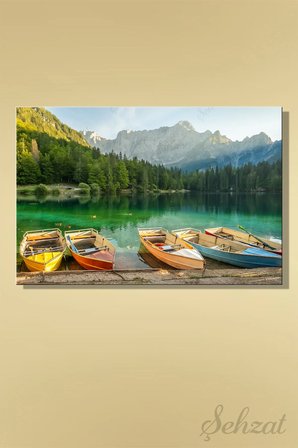 Yatay Tablo Tekli Kanvas Duvar Modern Salon Mutfak Yatak Odası Ofis Fusine Gölü Alpler Tekne Renk