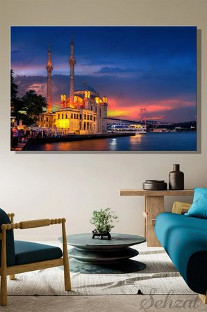 Yatay Tekli Kanvas Duvar Tablosu Salon Yatak Odası Ofis Ortaköy Camii İstanbul Boğazı Manzara