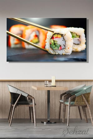 Panoramik Yatay Tekli Kanvas Duvar Tablosu Modern Lokanta Kafe Restoran Mutfak Suşi Japon Somon