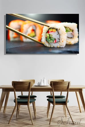 Panoramik Yatay Tekli Kanvas Duvar Tablosu Modern Lokanta Kafe Restoran Mutfak Suşi Japon Somon