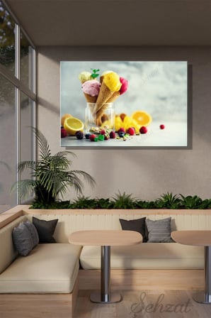 Yatay Tekli Kanvas Duvar Tablosu Lokanta Kafe Restoran Mutfak Külah Meyveli Dondurma Yaz Konsept