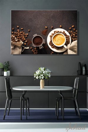 Yatay Tekli Kanvas Duvar Tablosu Lokanta Kafe Restoran Mutfak Kahve Çekirdeği Kahve Fincanı Latte