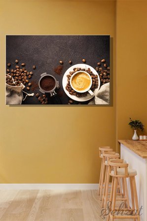 Yatay Tekli Kanvas Duvar Tablosu Lokanta Kafe Restoran Mutfak Kahve Çekirdeği Kahve Fincanı Latte
