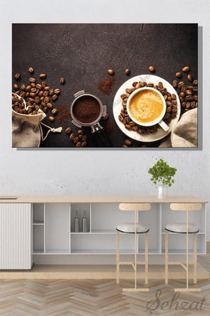 Yatay Tekli Kanvas Duvar Tablosu Lokanta Kafe Restoran Mutfak Kahve Çekirdeği Kahve Fincanı Latte
