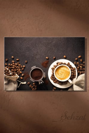 Yatay Tekli Kanvas Duvar Tablosu Lokanta Kafe Restoran Mutfak Kahve Çekirdeği Kahve Fincanı Latte