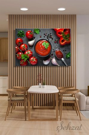 Yatay Tekli Kanvas Duvar Tablosu Modern Lokanta Kafe Restoran Mutfak Tabakta Domates Ketçap Sos