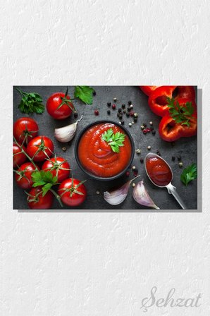 Yatay Tekli Kanvas Duvar Tablosu Modern Lokanta Kafe Restoran Mutfak Tabakta Domates Ketçap Sos