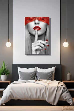 Nü Kadın Portre Kırmızı Ruj Oje Dikey Tekli Kanvas Duvar Tablosu Modern Salon Yatak Odası Ofis Cafe