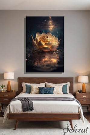 Dikey Tekli Kanvas Duvar Tablosu Modern Salon Mutfak Yatak Odası Ofis 3D Golden Lotus Çiçeği Gece