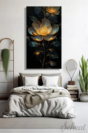 Dikey Tekli Modern Kanvas Duvar Tablosu Salon Mutfak Yatak Odası Ofis 3D Gold Lotus Çiçek