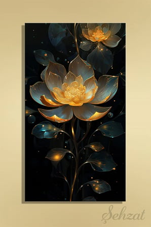 Dikey Tekli Modern Kanvas Duvar Tablosu Salon Mutfak Yatak Odası Ofis 3D Gold Lotus Çiçek