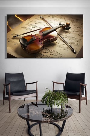 Panoramik Tekli Kanvas Duvar Tablosu Modern Salon Yatak Odası Ofis Müzik Sanat Keman Nota İş
