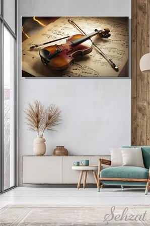 Panoramik Tekli Kanvas Duvar Tablosu Modern Salon Yatak Odası Ofis Müzik Sanat Keman Nota İş